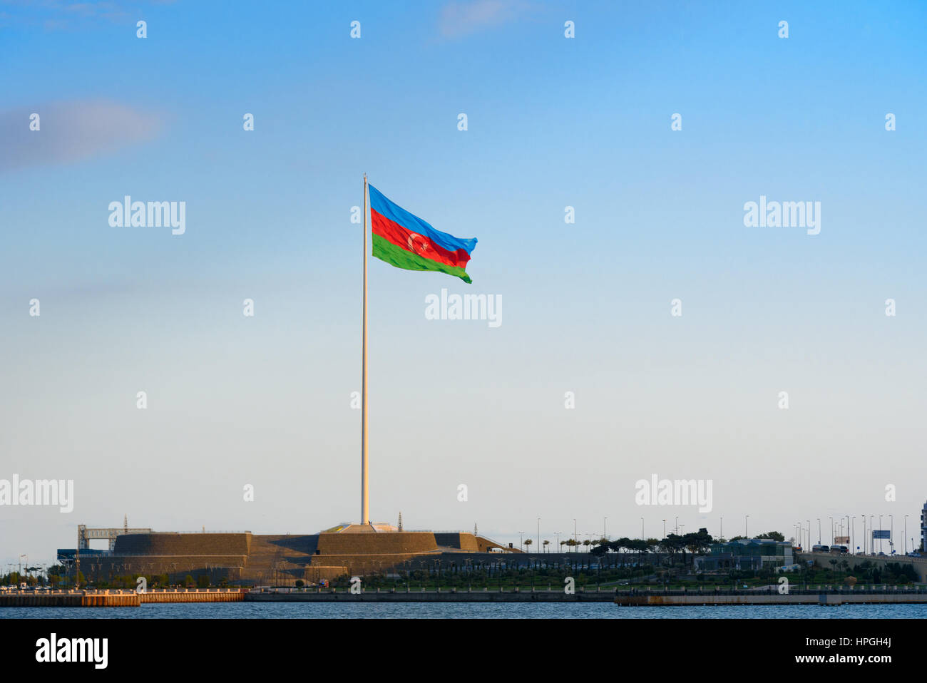 View of National Flag Square in Baku. Azerbaijan. Flag measuring 70 by 35 metres flies on pole 162 m high Stock Photo