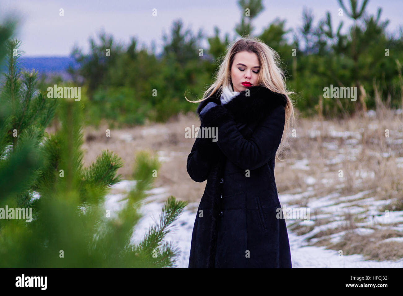 Young blond woman standing in pines and looking at camera. Stock Photo