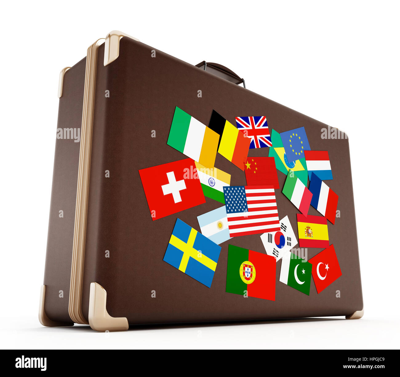 Suitcase with country flags isolated on white background. 3D ...