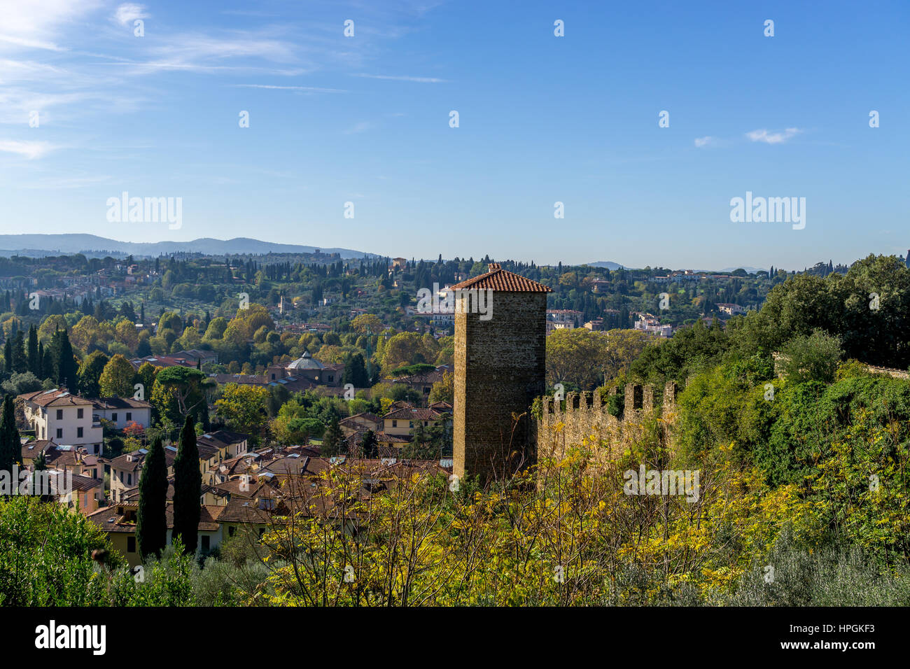 View of medieval wall and tower around Florence (Firenze) from Fonte di Belvedere Stock Photo