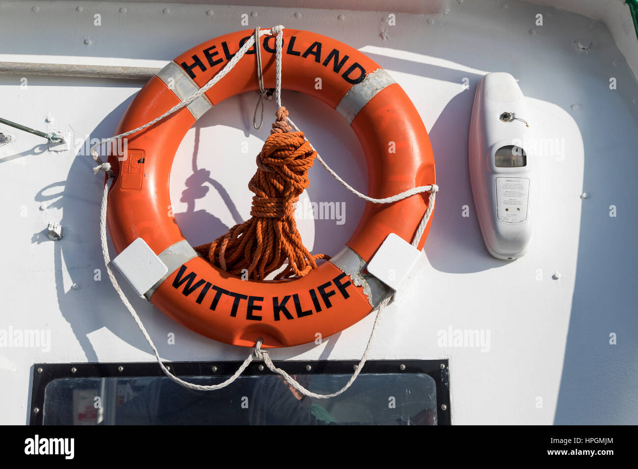 Helgoland, island in the German North Sea, ferry boat, rescue ring, Stock Photo