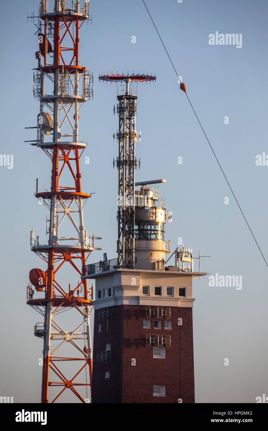 Helgoland, island in the German North Sea, lighthouse with radar antenna, radio-relay system antenna mast, Stock Photo