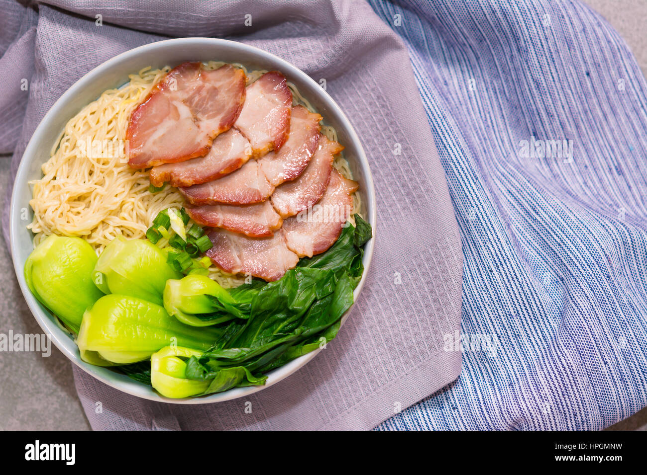 view top pork noodle on background Stock Photo