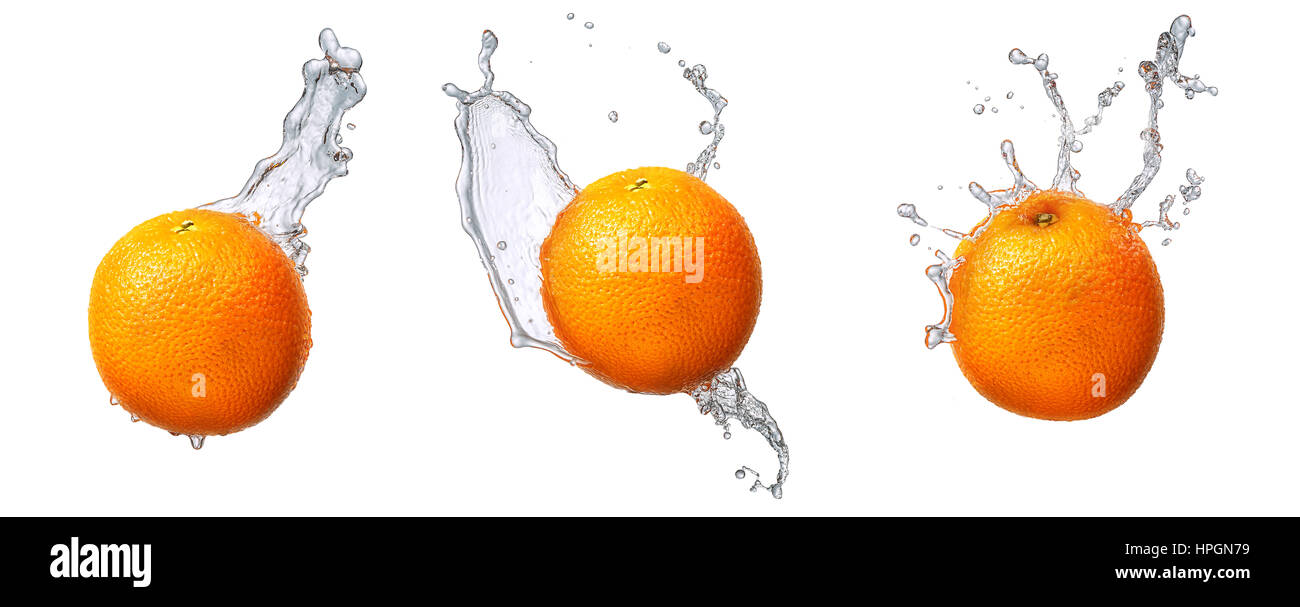 Water splash and fruits isolated on white backgroud. Fresh orange Stock ...