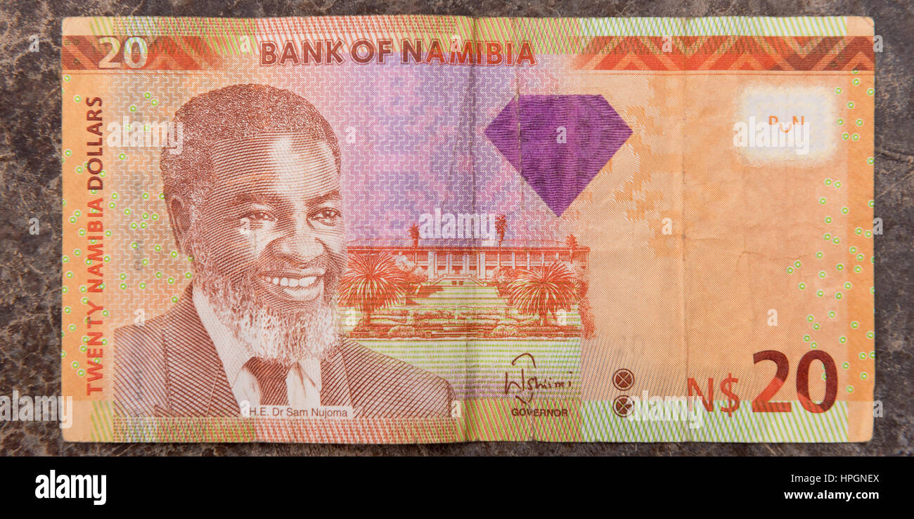 A close up shot of the front of a 20 Namibian Dollar paper banknote Stock Photo