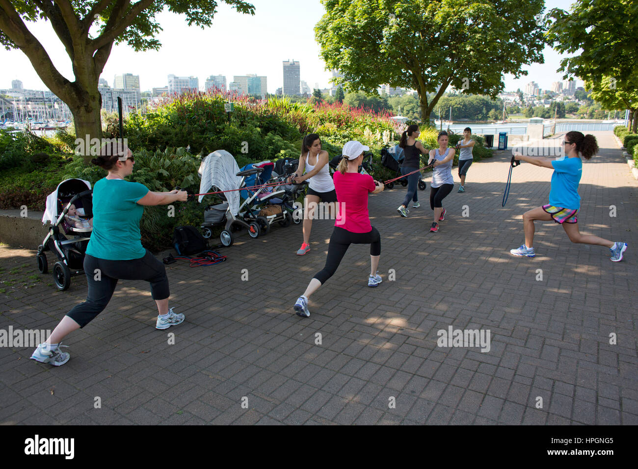 Young mothers doing post natal Exercises in Vancouver Stock Photo