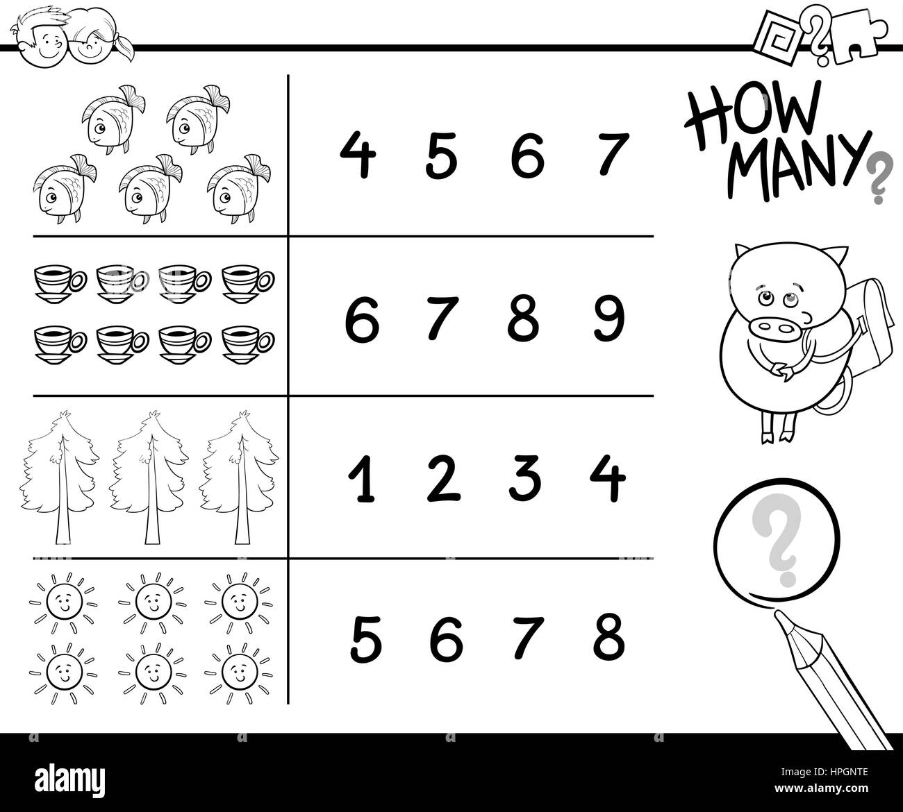 Black and White Cartoon Illustration of Educational Counting Activity ...