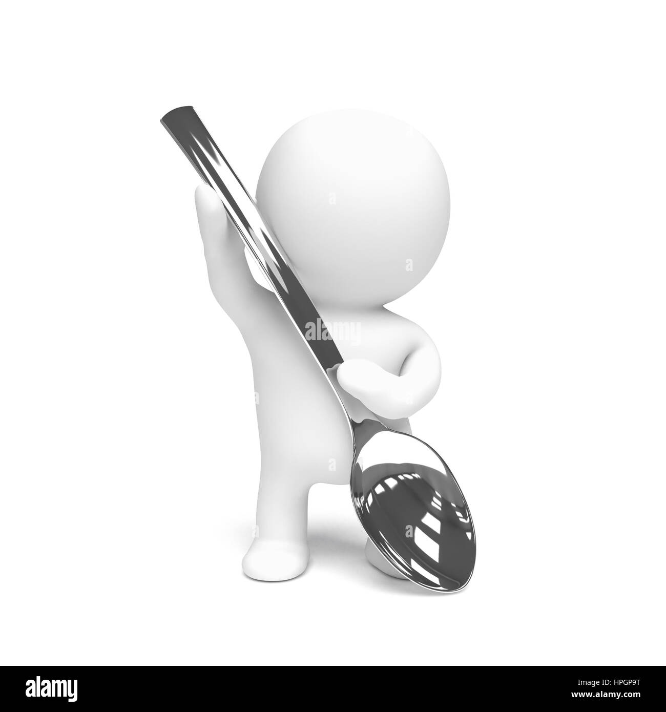 cute white 3d person holding a big metal spoon (3D illustration isolated on a white background) Stock Photo