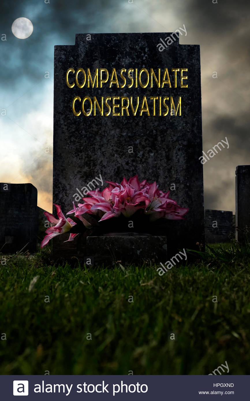 Compassionate Conservatism written on a headstone, composite image, Dorset England. Stock Photo