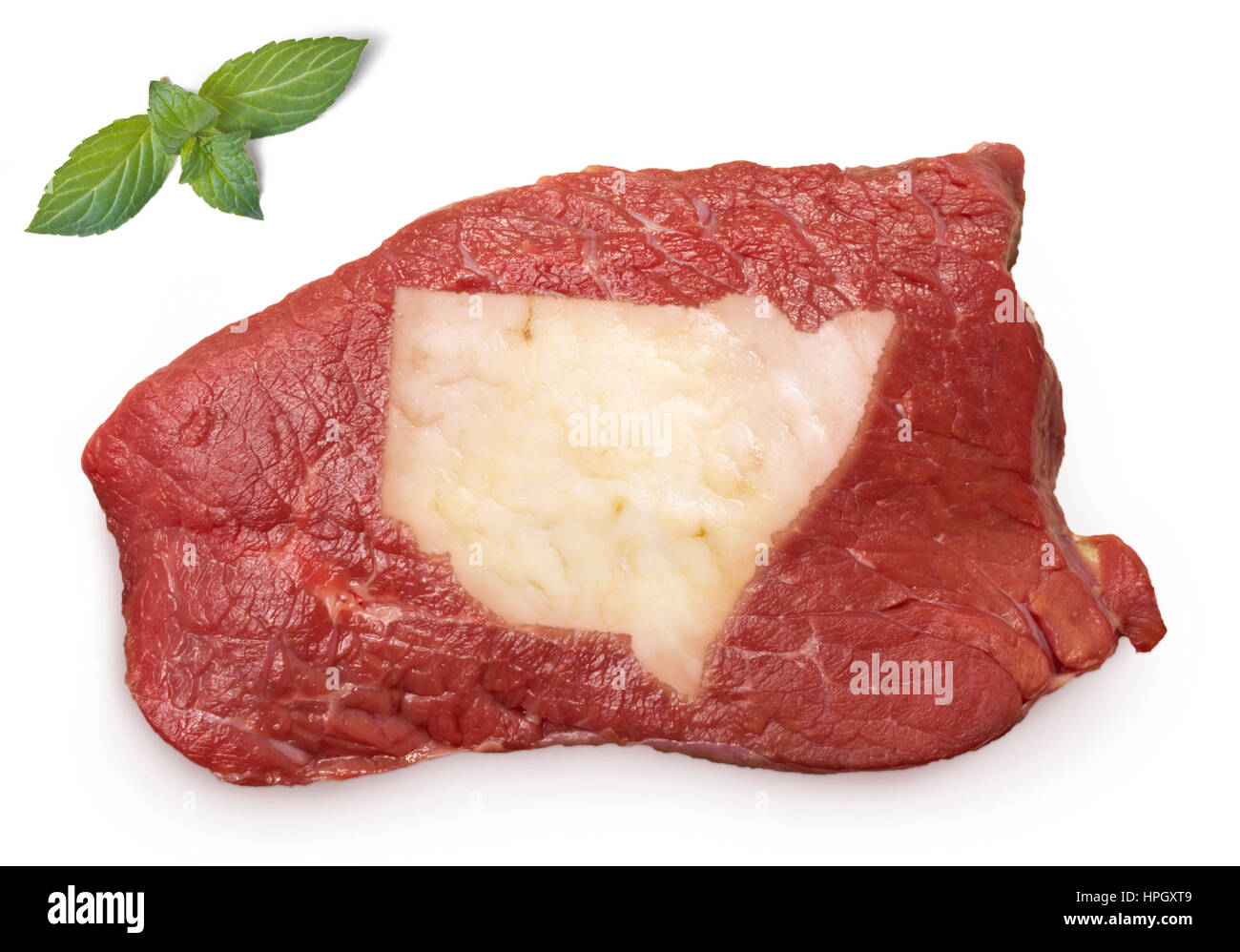 Raw meat (roast beef) and fat composed into it in the shape of New