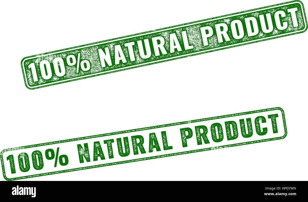 Set of green realistic vector 100 percent Natural Product grunge rubber stamp isolated on white background. Stock Vector