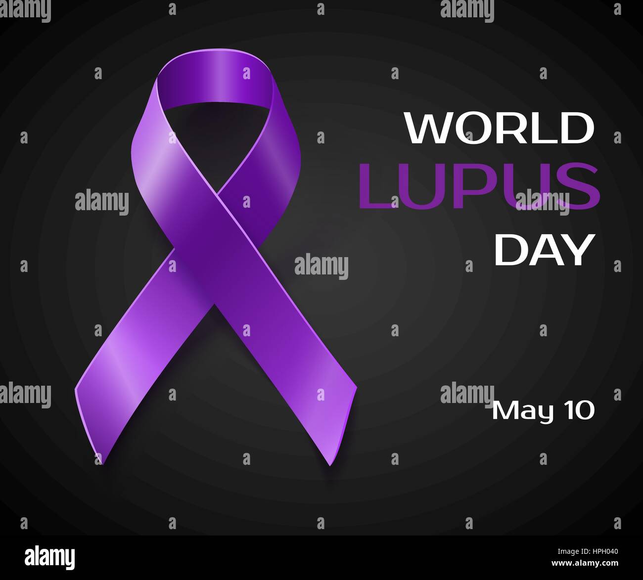 Purple Lupus awareness ribbon over a black background. World lupus day background Stock Vector
