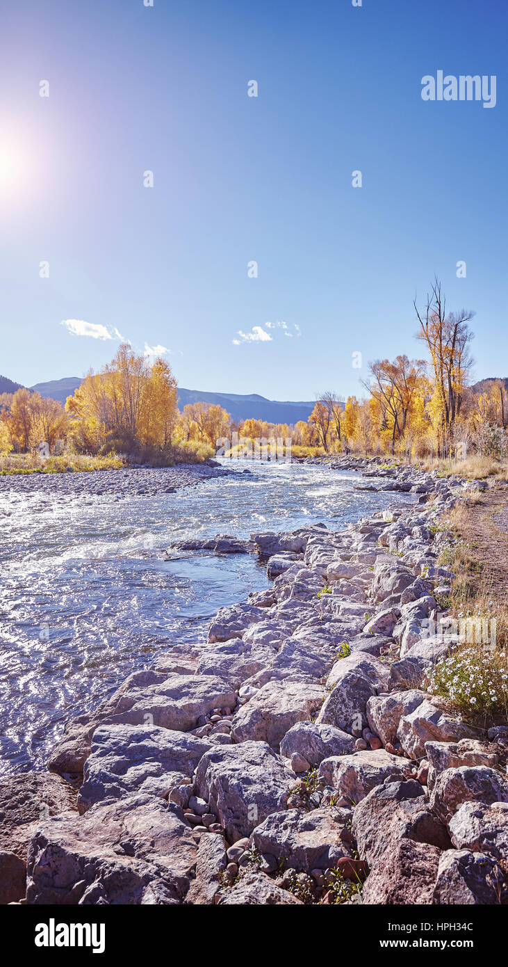 Color toned autumn landscape against the sun, nature wallpaper. Stock Photo