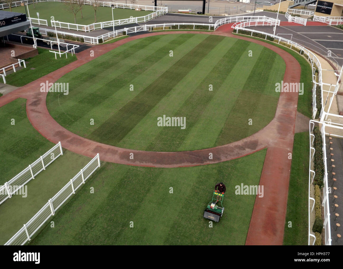 An aerial view of the parade ring and winners enclosure ahead of The Festival meeting at Cheltenham Racecourse. Stock Photo