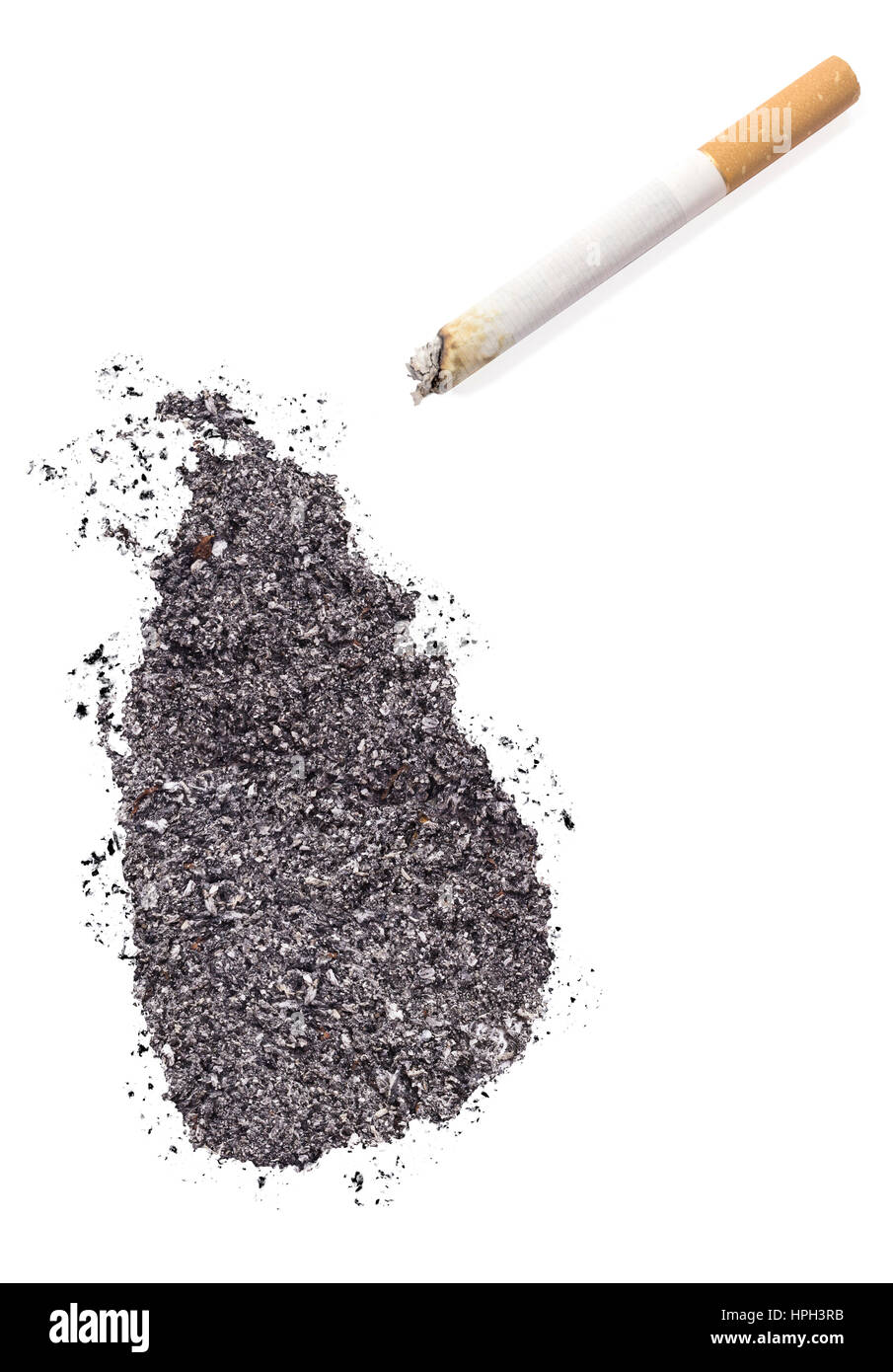 The country shape of Sri Lanka made of tobacco ash and a cigarette