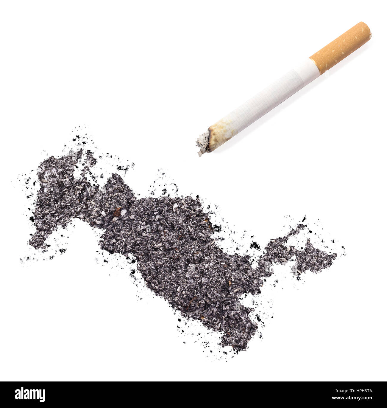 The country shape of Uzbekistan made of tobacco ash and a cigarette.(series  Stock Photo