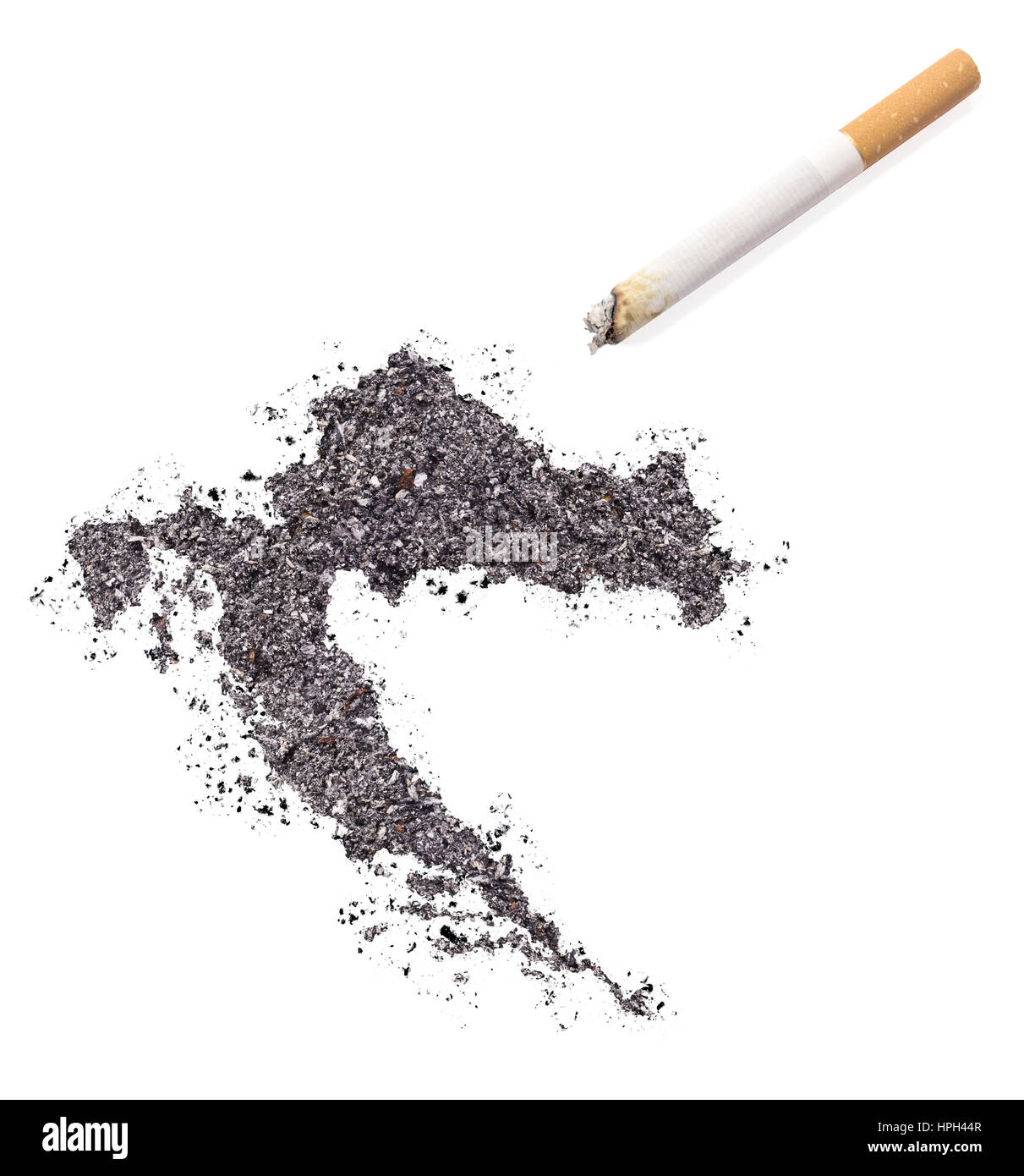The country shape of Croatia made of tobacco ash and a cigarette