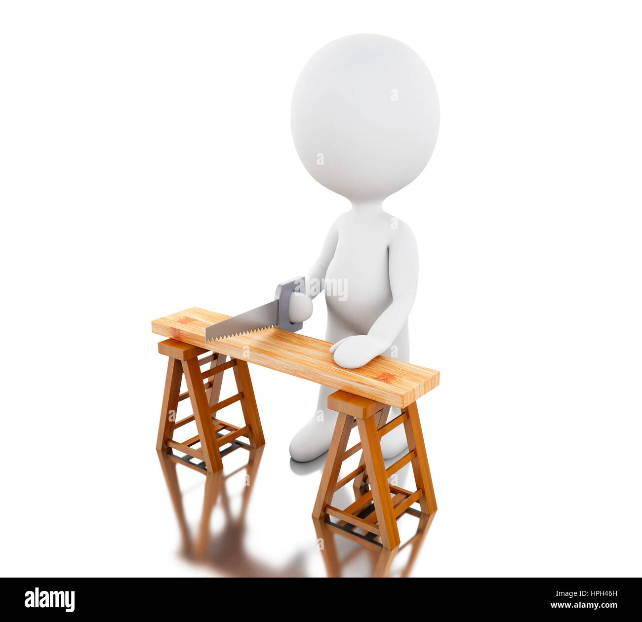 3d renderer image. White people carpenter cutting wood with a handsaw. Isolated white background. Stock Photo