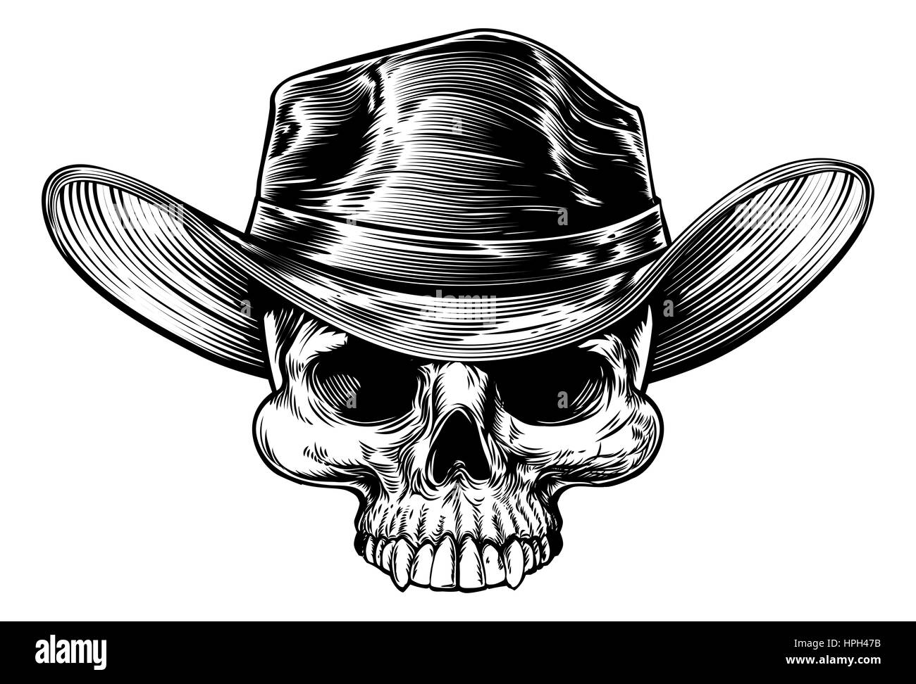 Cowboy skull drawing in a vintage retro woodcut etched or engraved style Stock Photo