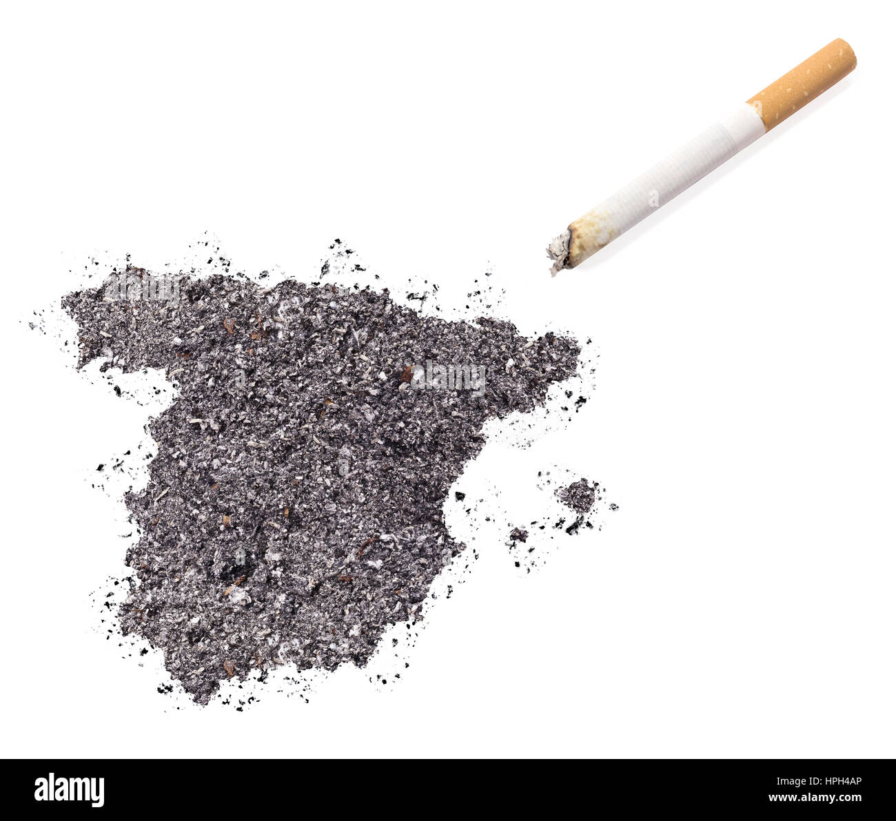 The country shape of Spain made of tobacco ash and a cigarette.(series