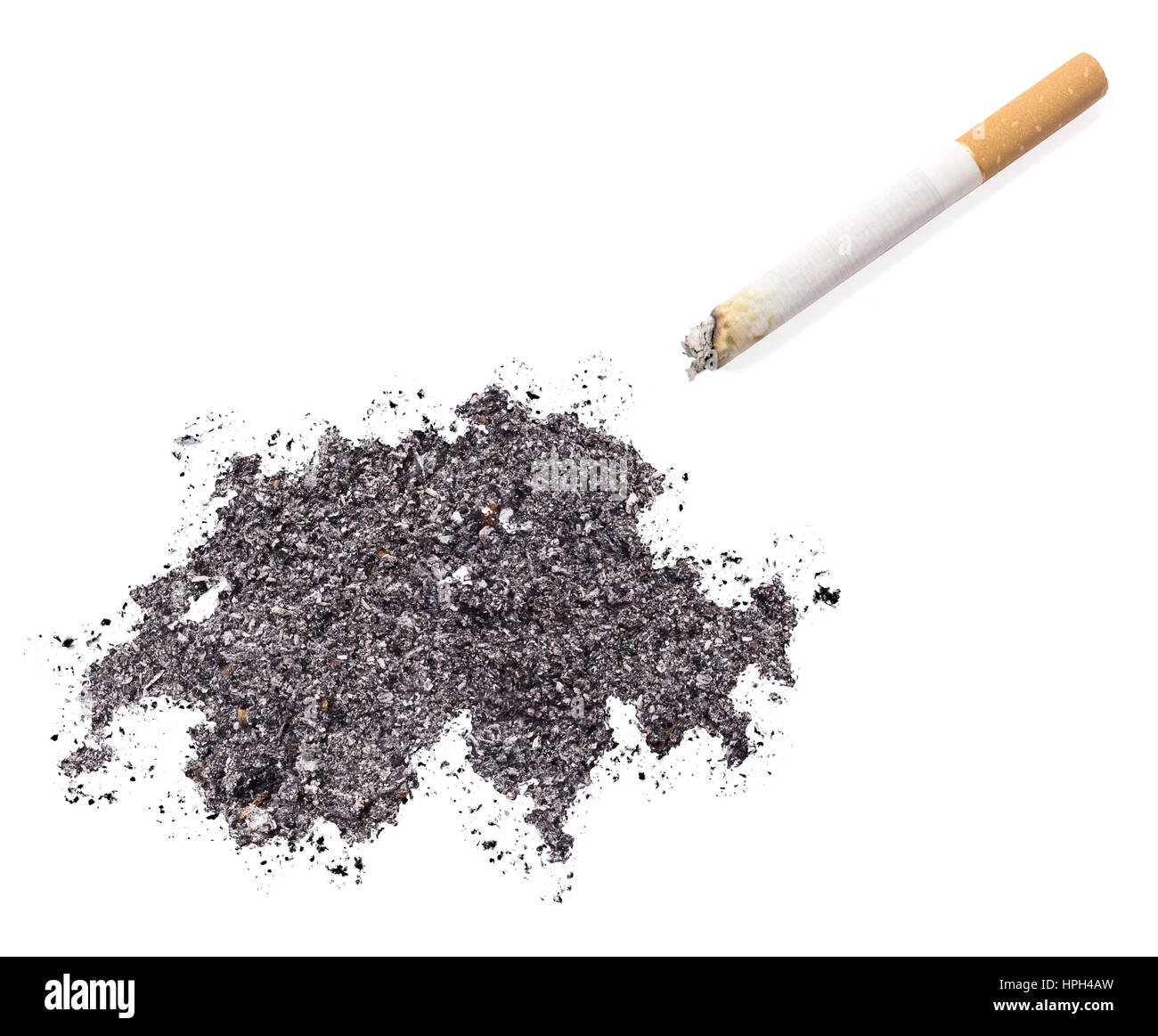 The country shape of Switzerland made of tobacco ash and a cigarette