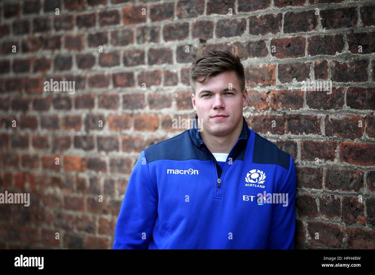 Scotland back Huw Jones after a training session at The Oriam, Edinburgh. Stock Photo