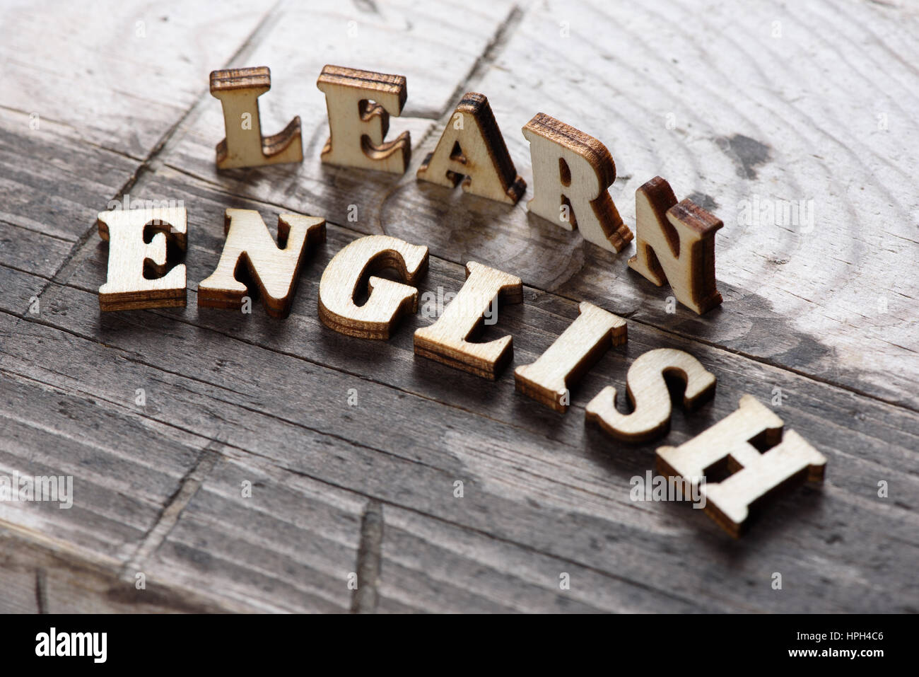 Study English language. Wooden letters. Learning concept Stock Photo