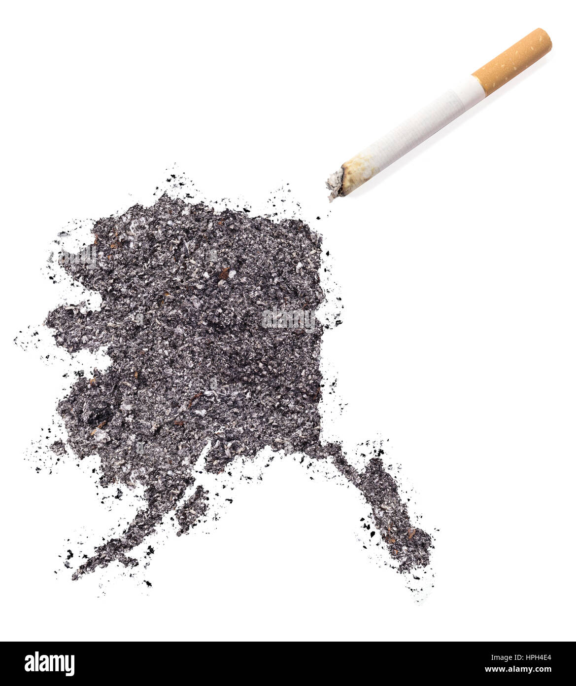 The country shape of Alaska made of tobacco ash and a cigarette.(series