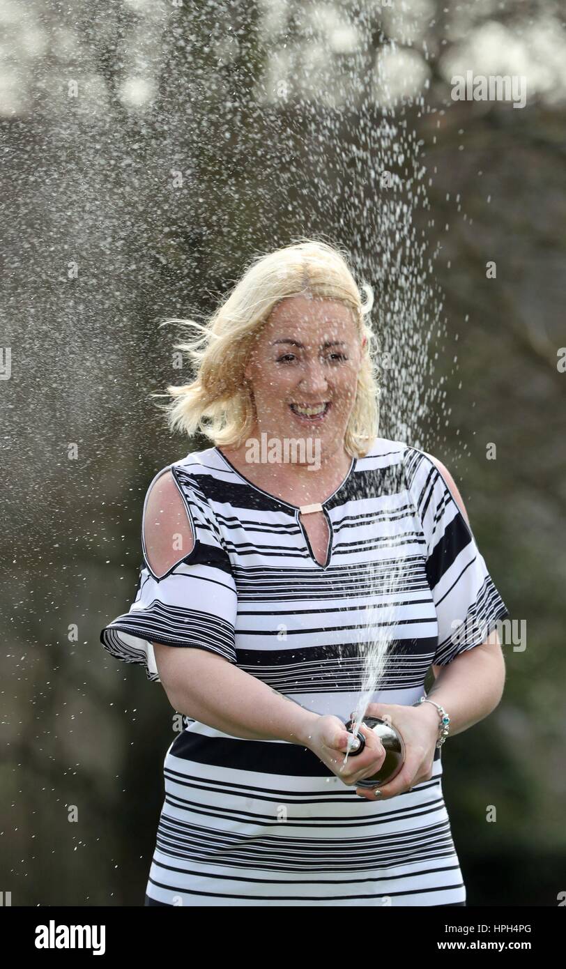 Mother of four Beverley Doran, 37, from West Yorkshire, celebrates at the Hollins Hall Marriott Hotel & Country Club in Bradford after scooping a &Acirc;£14,509,500 jackpot prize on last Friday's (17 Feb 2017) EuroMillions draw. Stock Photo