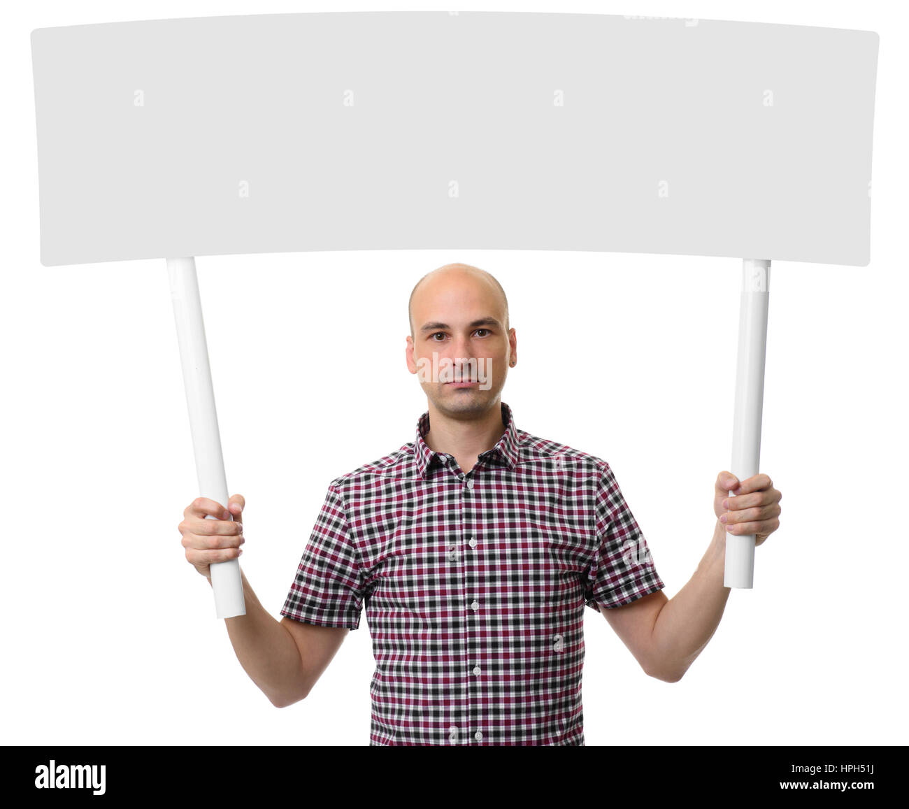 Man holding protest sign. Demonstration concept. Isolated over white background Stock Photo