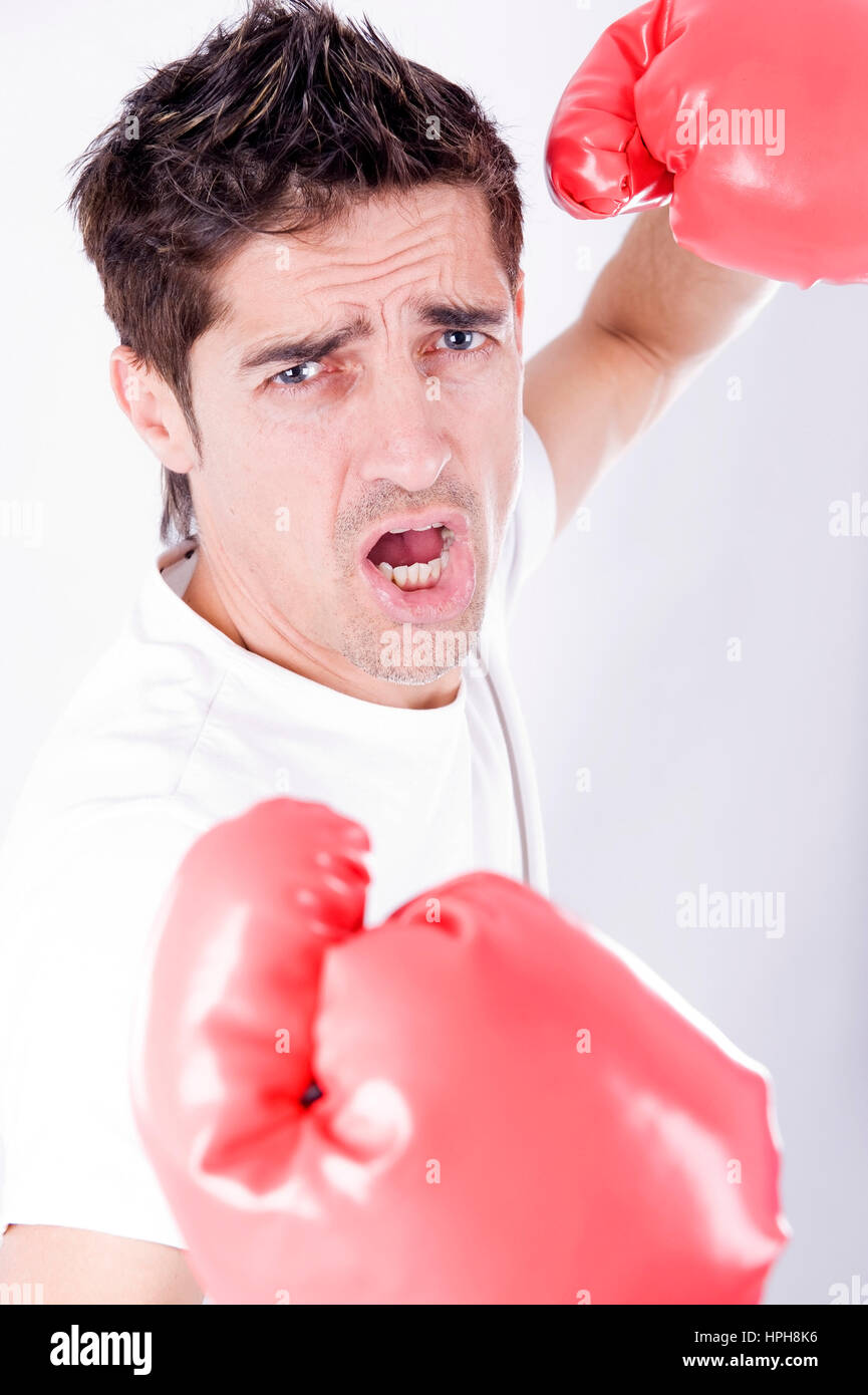 Mann mit Boxhandschuhen - man with boxing gloves, Model released Stock Photo