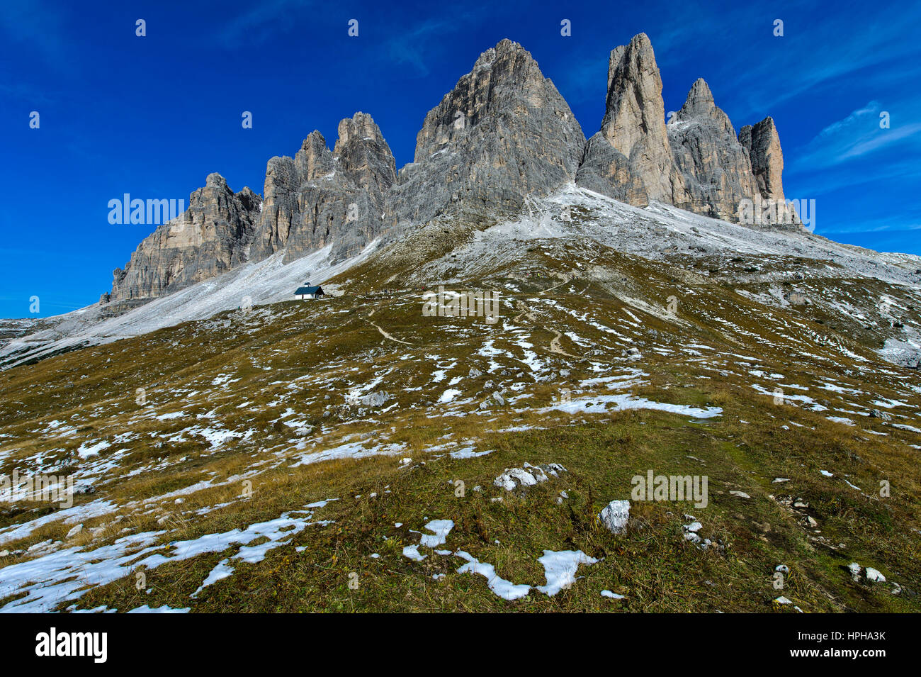 South face of the Three Peaks Mountains, Tre Cime di Lavaredo, Drei Zinnen, Sexten Dolomites, South Tyrol, Trentino-Alto Adige, Italy Stock Photo