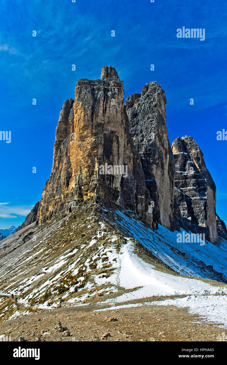 Three Peaks Mountains at the Lavaredo Col, Sexten Dolomites, South Tyrol, Trentino-Alto Adige, Italy Stock Photo