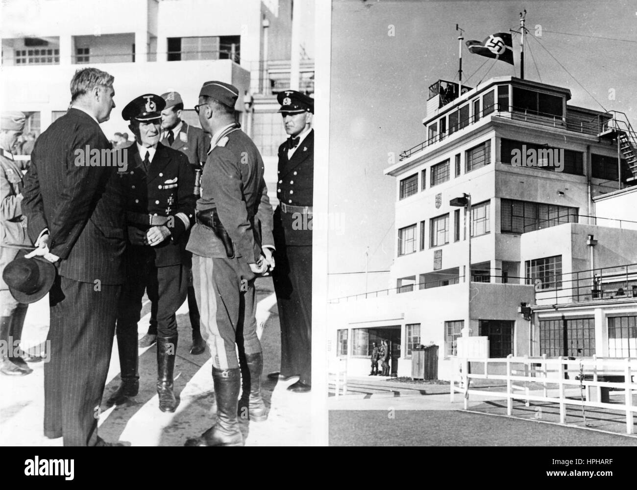 The Nazi propaganda image depicts how the mayor of the English Channel Jersey commits the island to the German Besatzungskommando (occupation commander) after the Germans occupied the island. The photo was taken on the English Channel Jersey and was published in July 1940. Fotoarchiv für Zeitgeschichte - NO WIRE SERVICE -  | usage worldwide Stock Photo