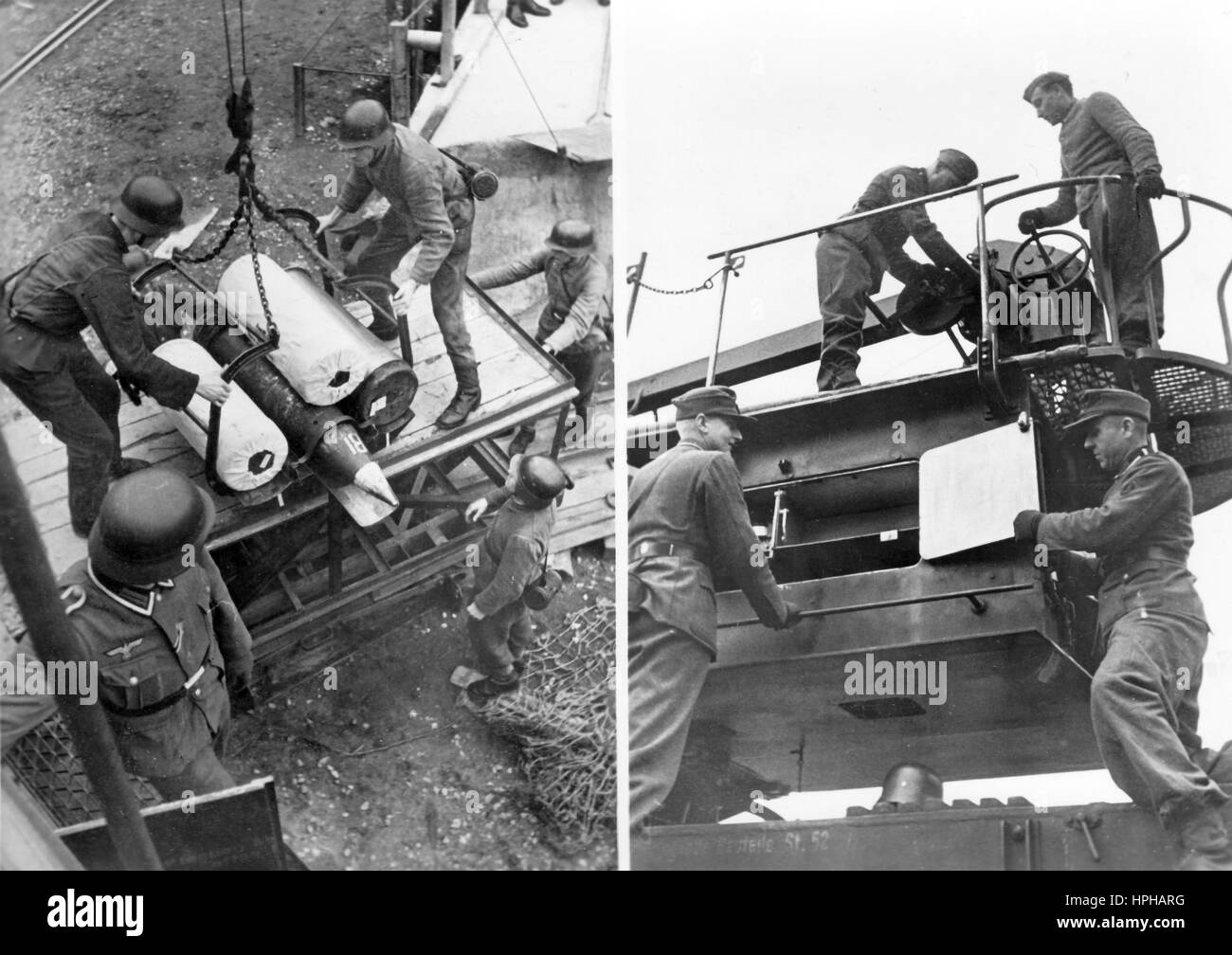 The Nazi propaganda image shows German Wehrmacht soldiers reloading the munitions of a heavy railway gun at a base on the Atlantic Wall, published in February 1944. A Nazi reporter has written on the reverse of the picture on 10.02.1944, 'On the ammunition hoist of a railway gun on the Atlantic Wall. These men must wind up the mammoth bullets from the rail cart to the pipe plug in just a few seconds, but - speed is not witchcraft - they manage it each time. Already amassed is already half shot.' Fotoarchiv für Zeitgeschichte - NO WIRE SERVICE - | usage worldwide Stock Photo