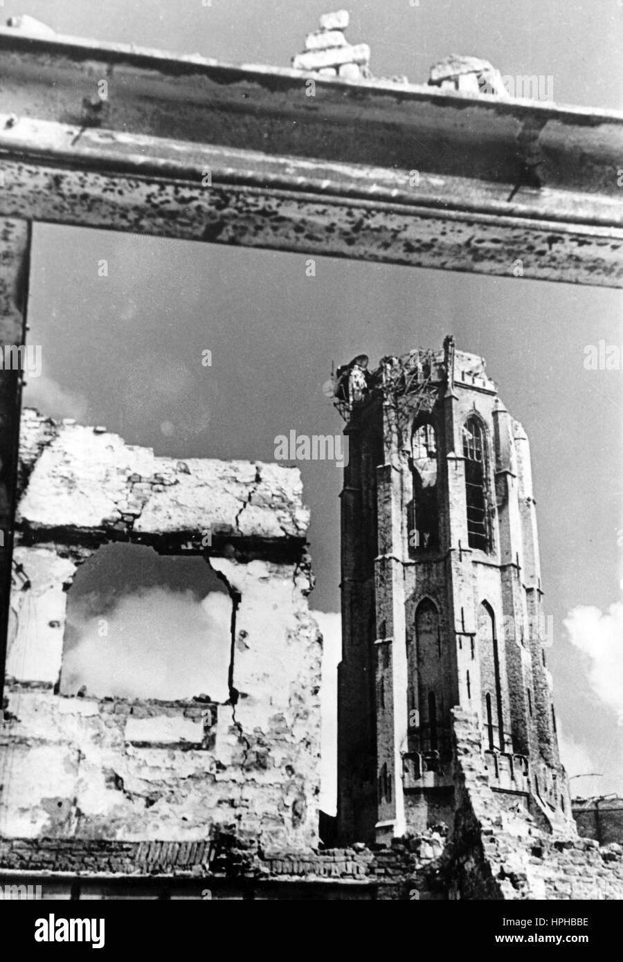 The Nazi propaganda image shows the destroyed tower of the Abbey of Our ...