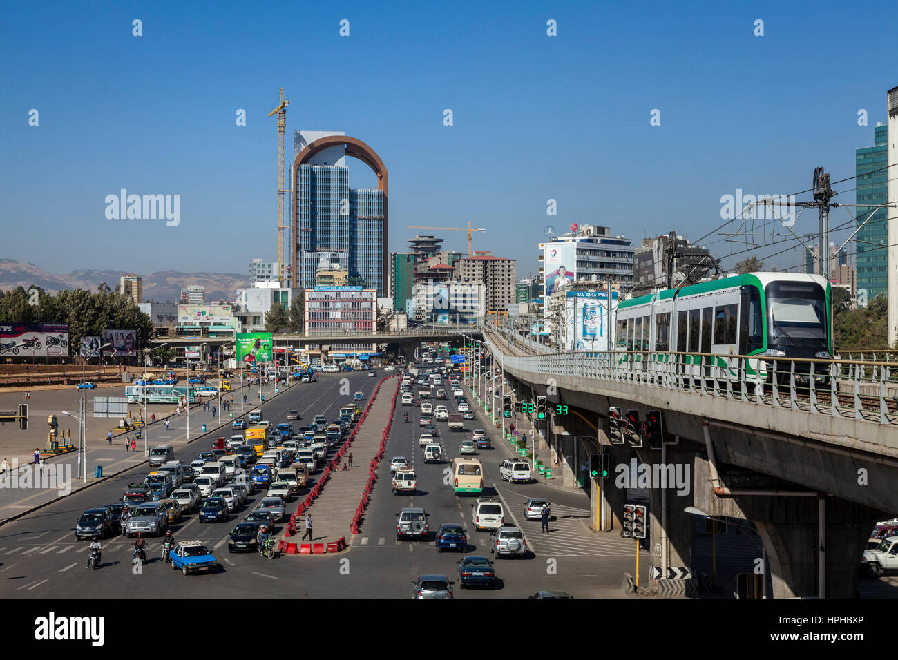 Addis Ababa Light Rail Transit and Views Of Meskel Square, Addis Ababa, Ethiopia Stock Photo