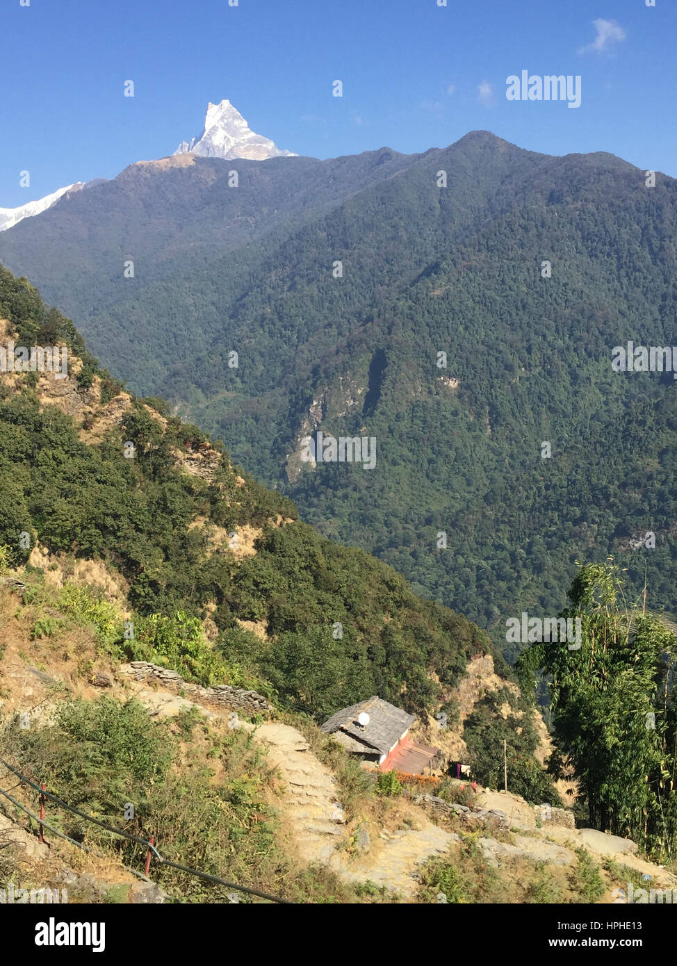 Machhapuchhare Fishtail  mountain and  Annapurna Himalaya Nepal range view during trekking to Ghandruk village in Kaski, Nepal. Stock Photo