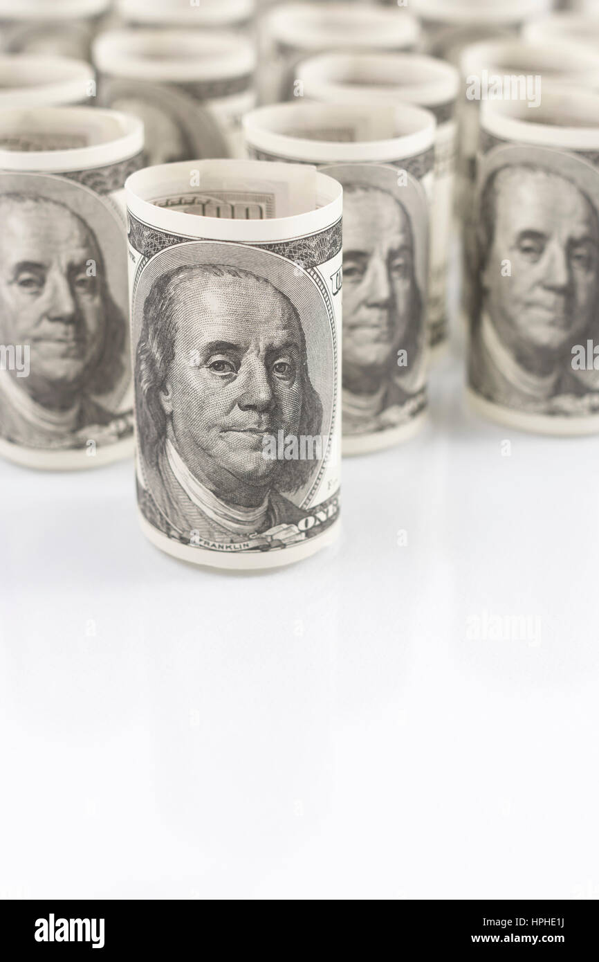 US $100 / hundred dollar bills or banknotes, showing Benjamin Franklin's head. For US economy & finance, US political fundraising, US banking crisis. Stock Photo
