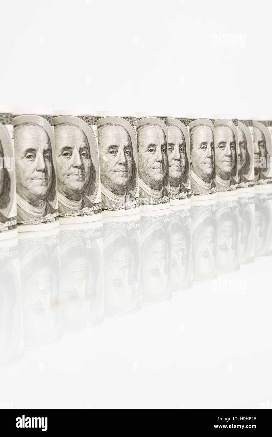 US $100 / hundred dollar bills or banknotes, showing Benjamin Franklin's head. For US economy & finance, US political fundraising, US banking crisis. Stock Photo