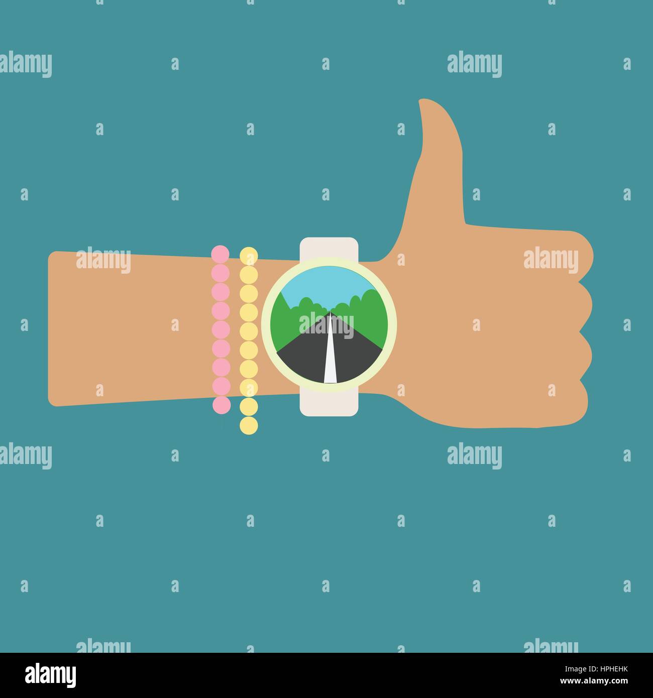 Time to hitchhiking. Thumb Up. Hand with baubles and clock. Flat vector illustration for travel. Stock Vector