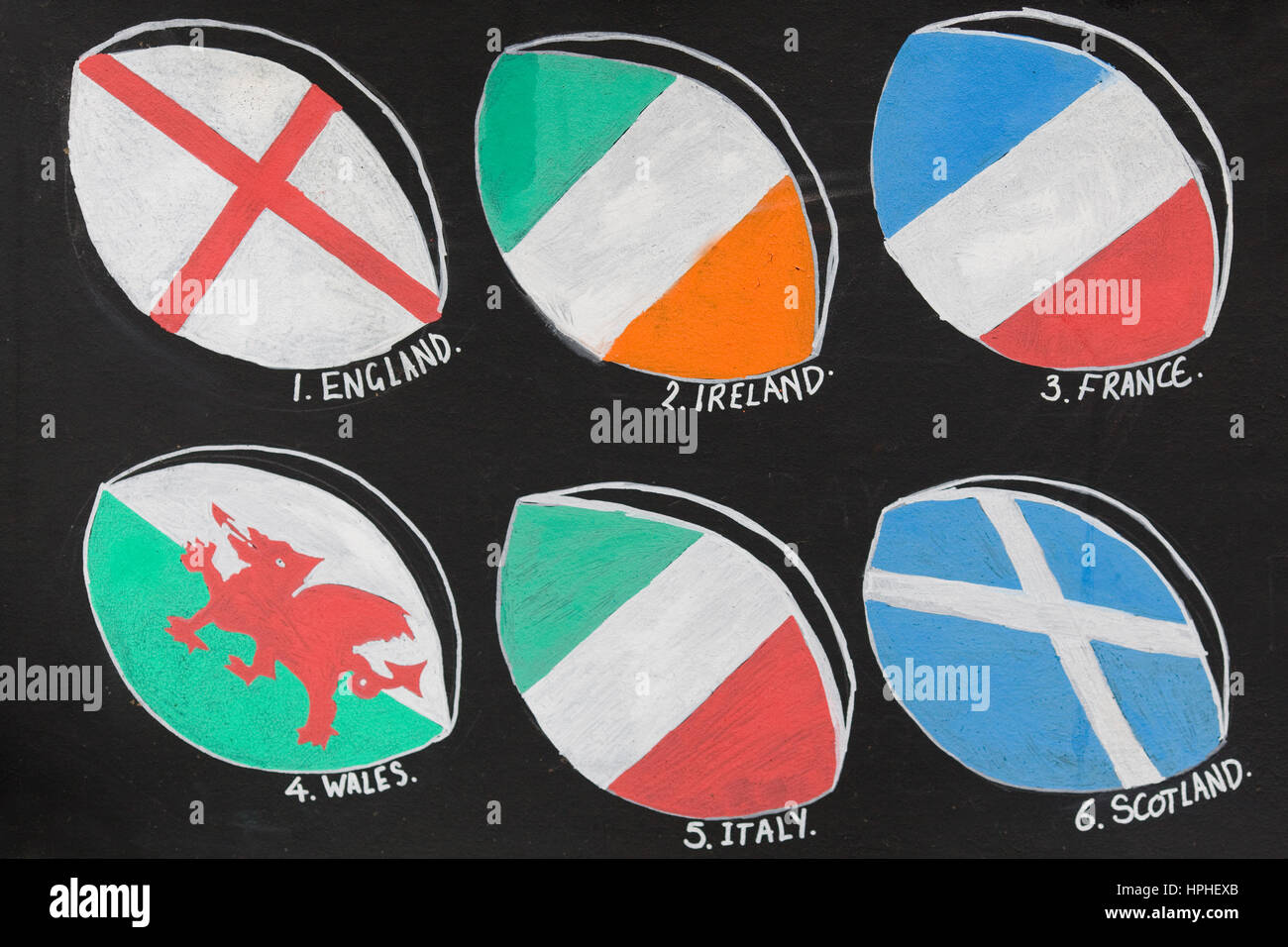 Chalk board representing the 2017 Six Nations Championship Stock Photo