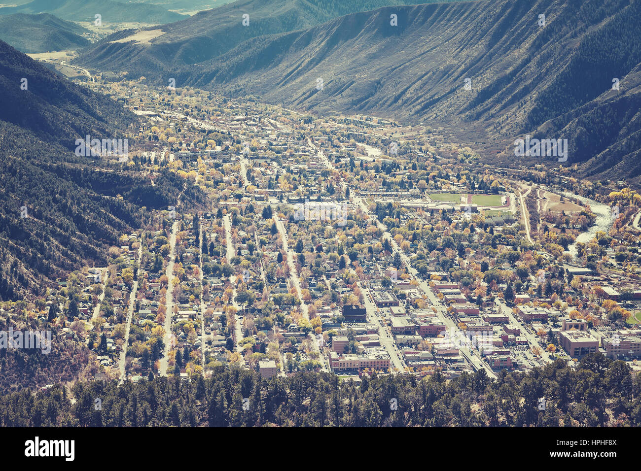 Retro toned aerial picture of Glenwood Springs residential area, Colorado, USA. Stock Photo