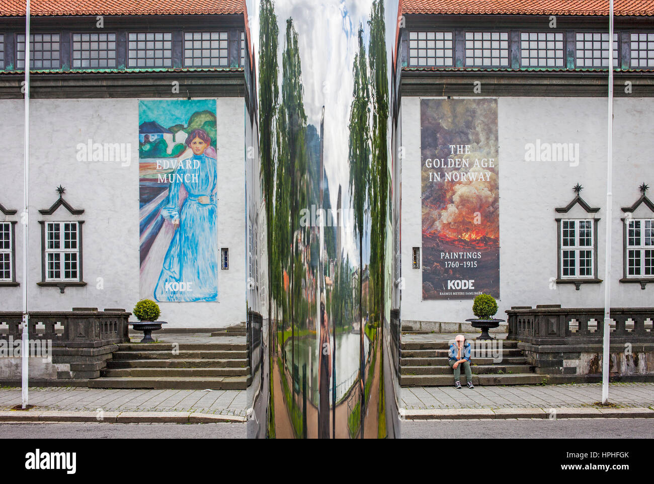 Sculpture and facade of Art Museum of Bergen, facade of Kode 3, Rasmus Meyer Collection,Bergen, Norway Stock Photo