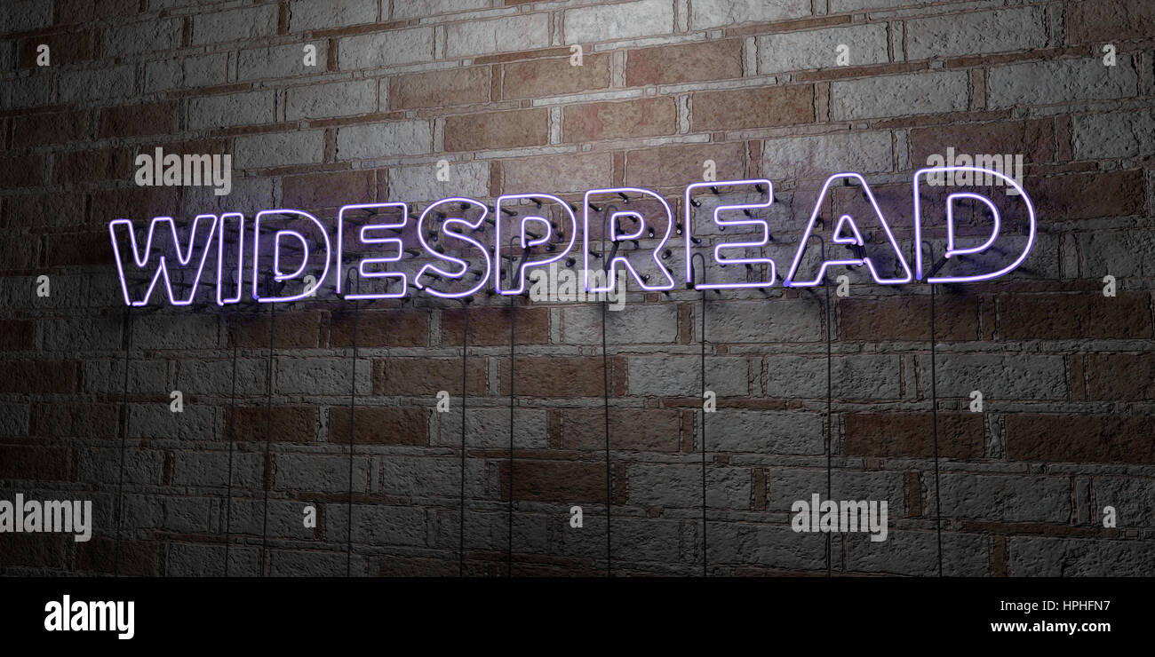Widespread Sign WIDESPREAD - Glowing Neon Sign on stonework wall - 3D rendered royalty ...