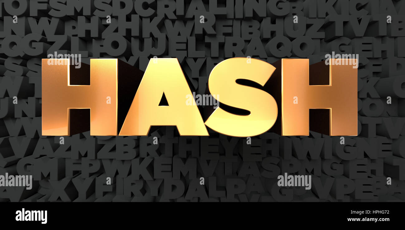Hash - Gold text on black background - 3D rendered royalty free stock ...
