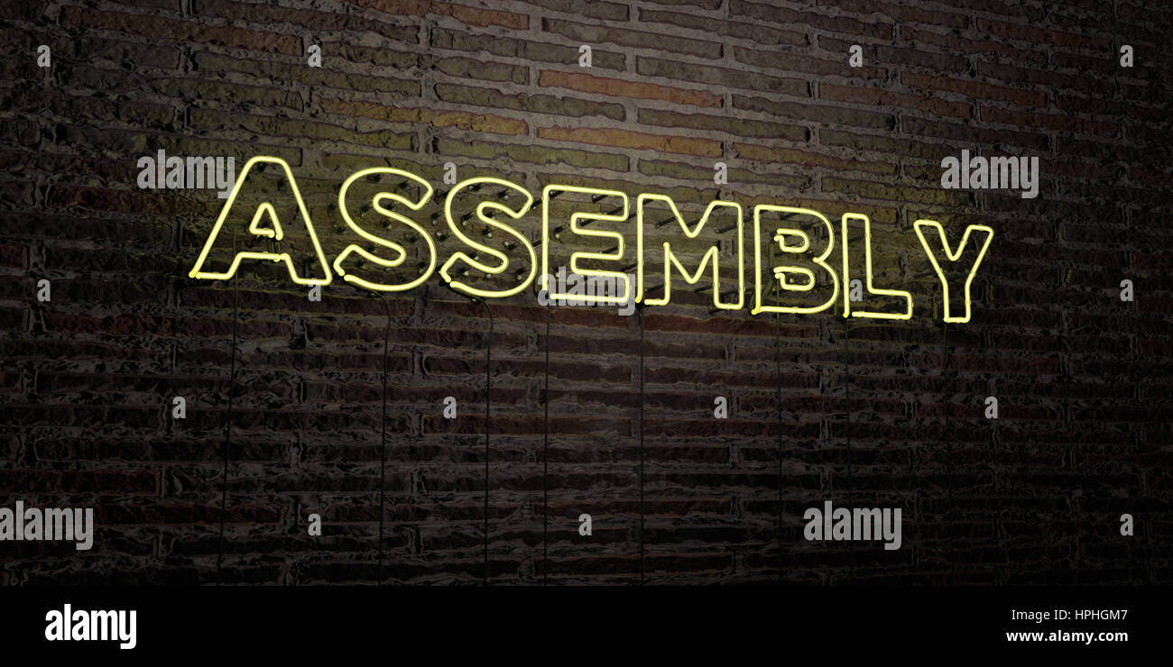 ASSEMBLY -Realistic Neon Sign on Brick Wall background - 3D rendered ...