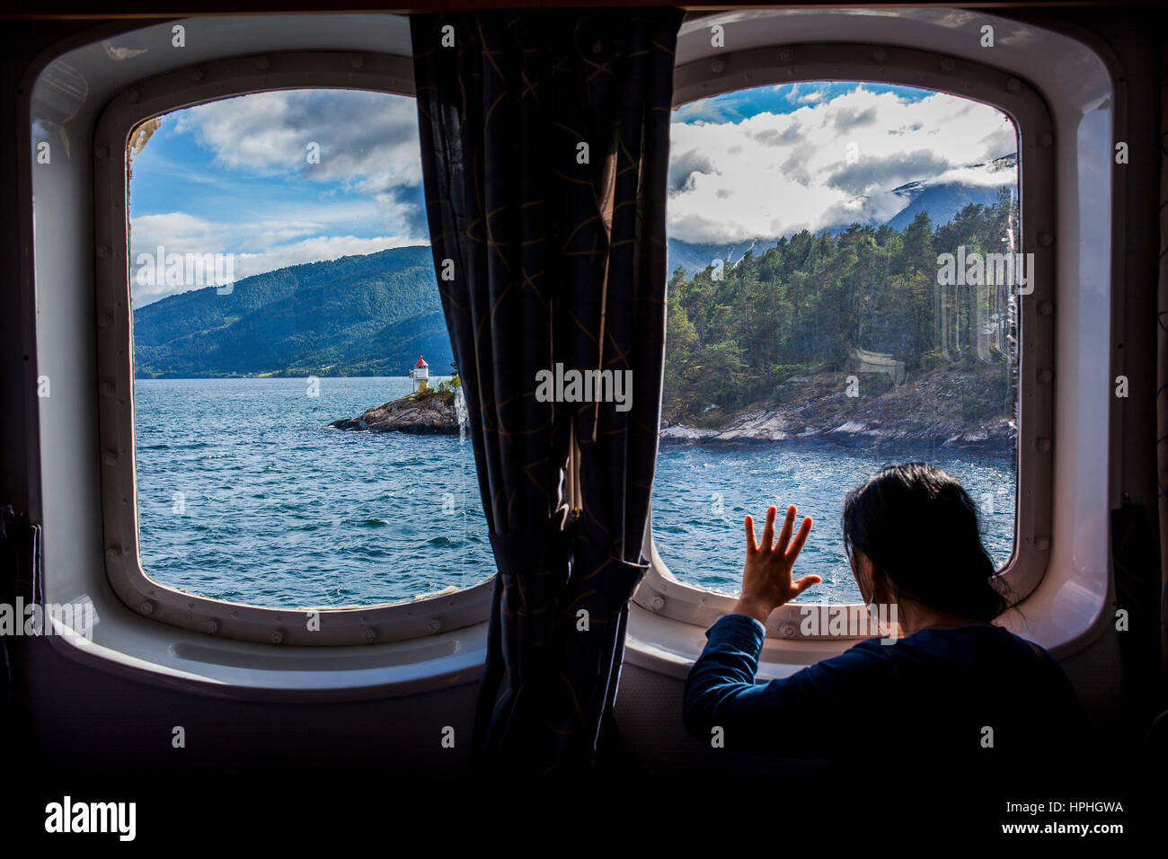 Ferry between Fodnes and Mannheller, Sognefjorden, Sogn og Fjordane, Norway Stock Photo