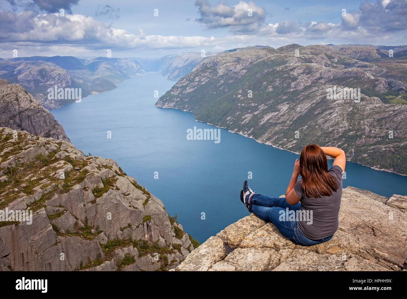 Preikestolen, Pulpit Rock, 600 meters over LyseFjord, Lyse Fjord, in  Ryfylke district, Rogaland Region, It is the most popular hike in Stavanger  area Stock Photo - Alamy
