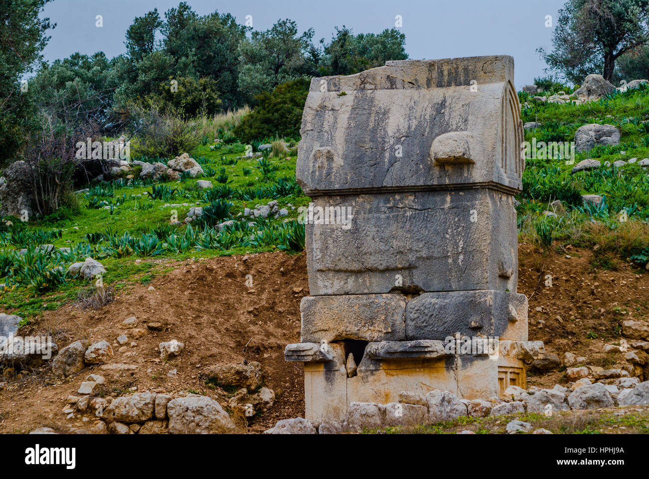 Lycian Sarcophagues Rock Carved Tomb in Patara Ancient city, Patara antik kenti sarkofaj kaya mezari Stock Photo